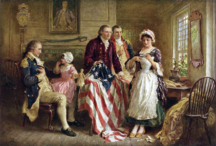 Painting of Betsy Ross sewing the flag